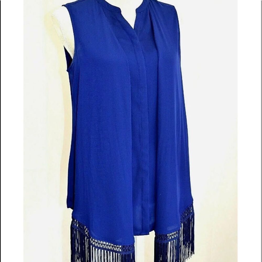 NEW w/TAG Chicos DRAMA FRINGE Trim Shirt Mysterious Blue Blouse Top Sz 0…